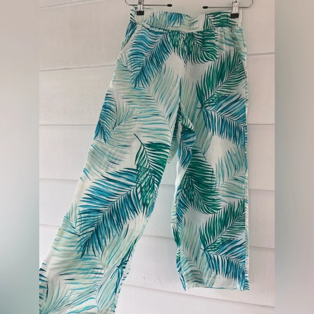 Tahari Womens 100% Linen Tropical Leaf Print Wide Leg Crop Pants Boho Beach S